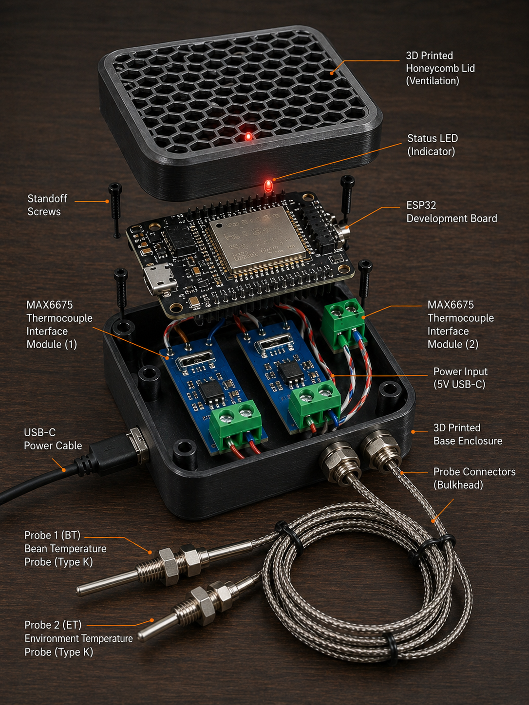 RoastIQ hardware — ESP32 with dual MAX6675 thermocouple modules in a 3D-printed enclosure